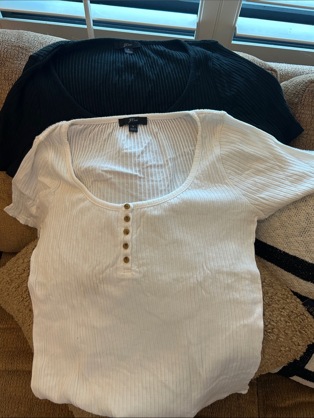 J. Crew Short Sleeve Ribbed Scoop Neck Henley Tee in White and Black
